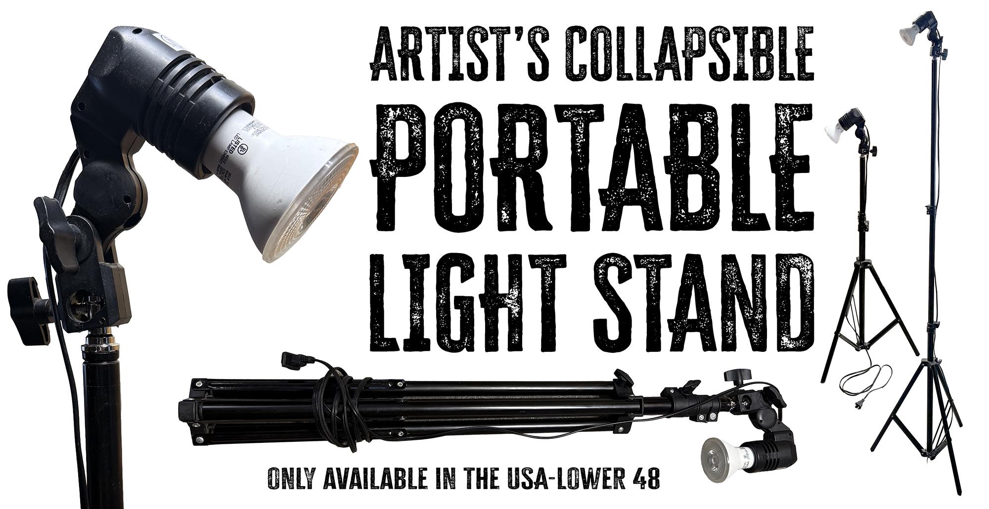 Painter's Portable Light Stand shown collapsed and extended beside a painting easel