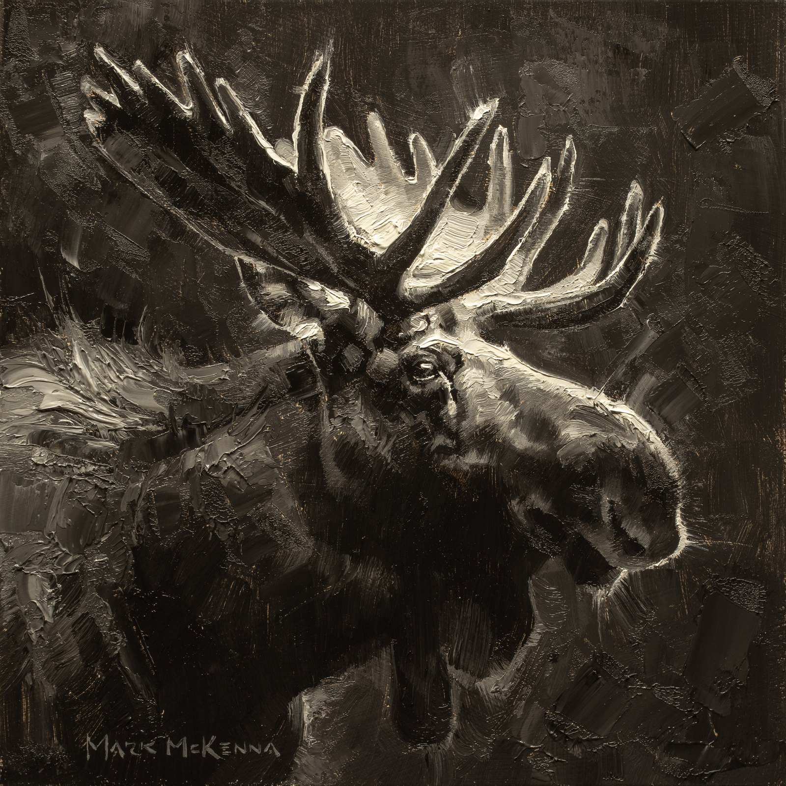 Teton Titan — finished 8×8 bull moose head study in profile against autumn aspens and a golden sky